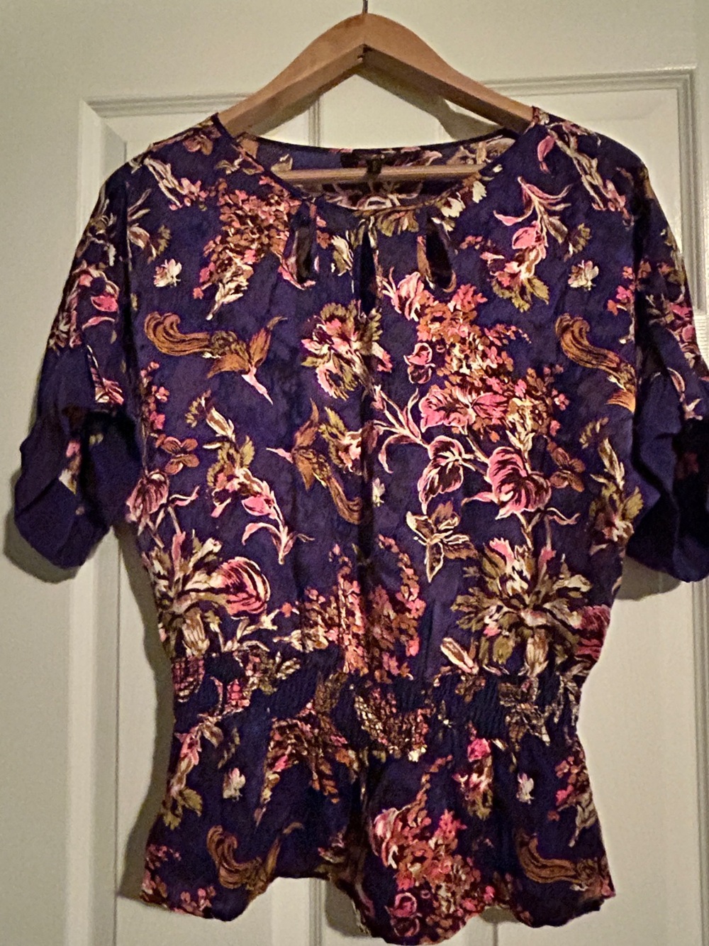 Vibrant purple satiny Floral Peplum Blouse